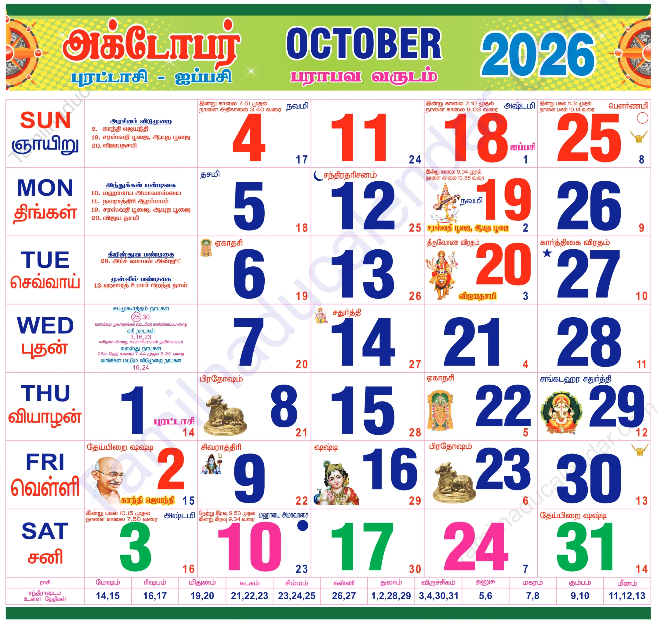 Tamil Calendar 2026 October 